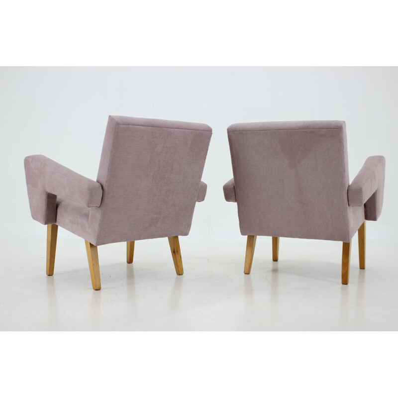 Pair of vintage wood and fabric armchairs, Czechoslovakia 1960s