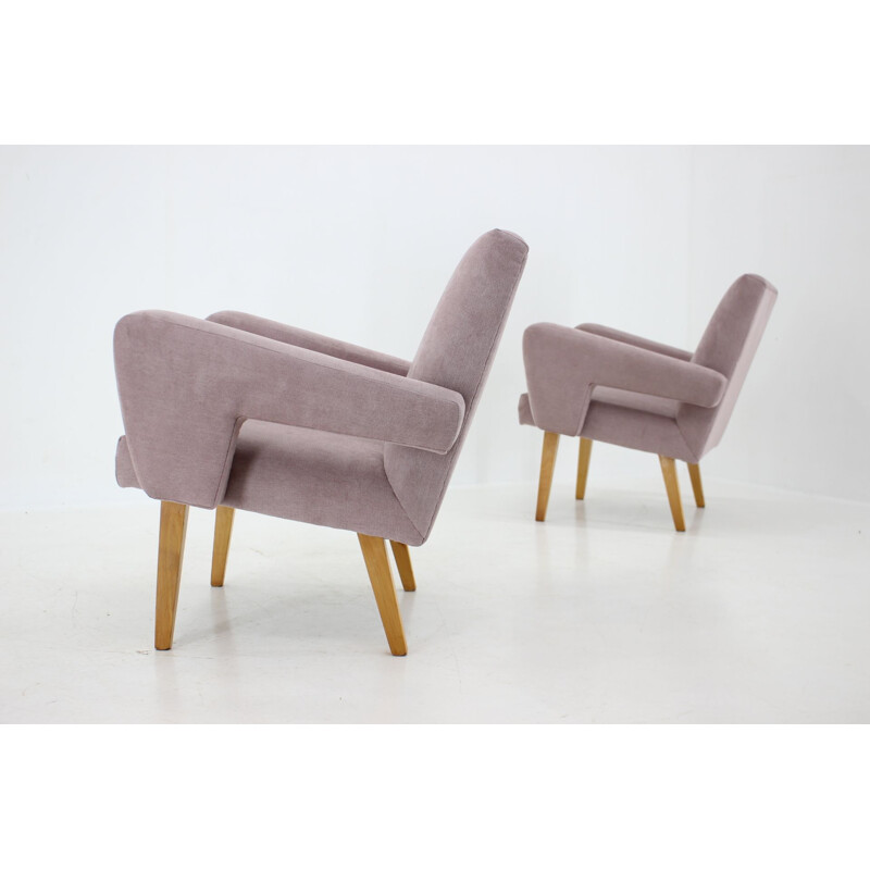 Pair of vintage wood and fabric armchairs, Czechoslovakia 1960s
