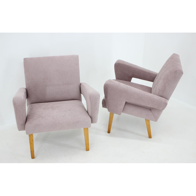 Pair of vintage wood and fabric armchairs, Czechoslovakia 1960s
