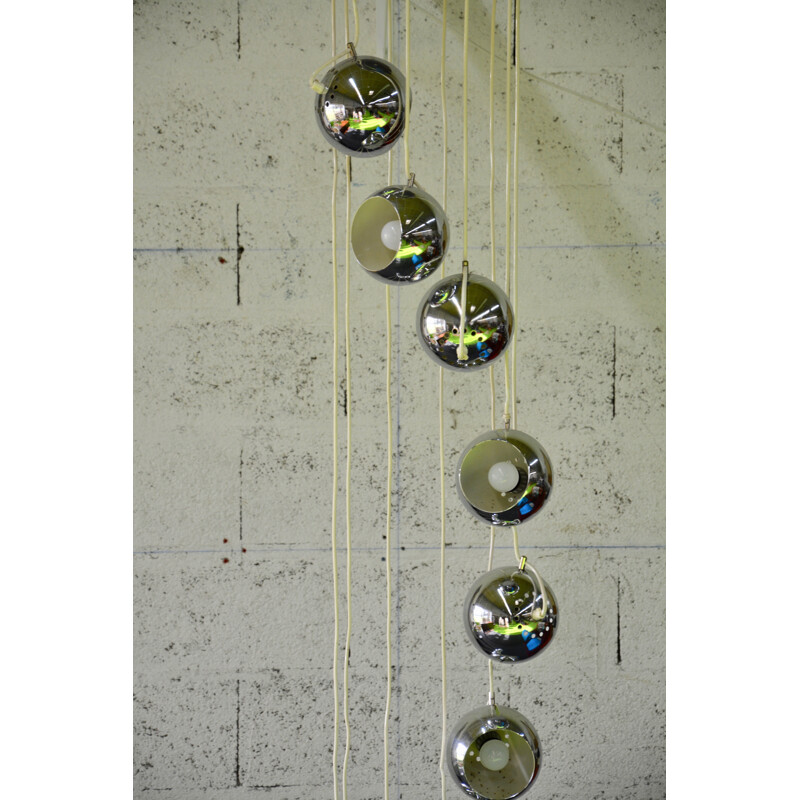 Vintage pendant light with 10 chromed metal globes shades - 1970s
