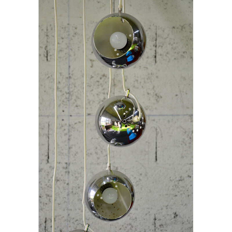 Vintage pendant light with 10 chromed metal globes shades - 1970s