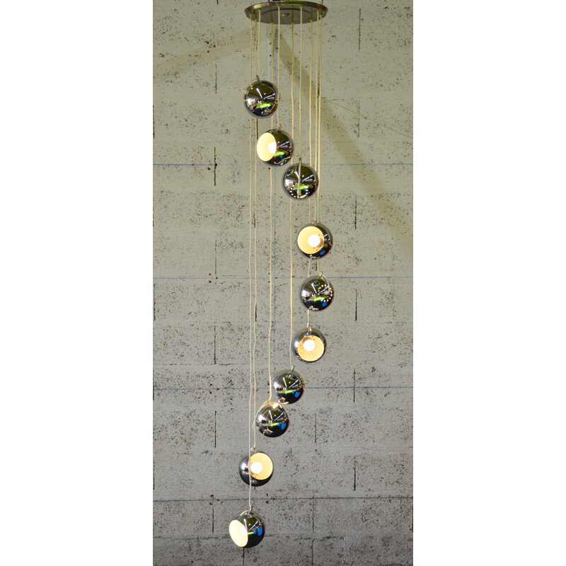 Vintage pendant light with 10 chromed metal globes shades - 1970s