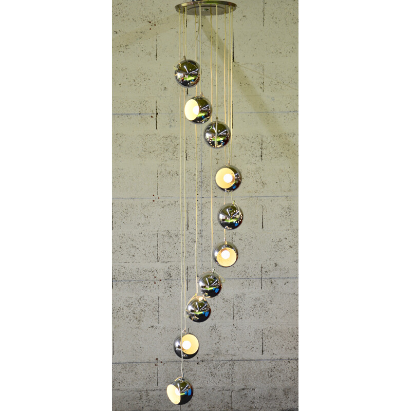 Vintage pendant light with 10 chromed metal globes shades - 1970s