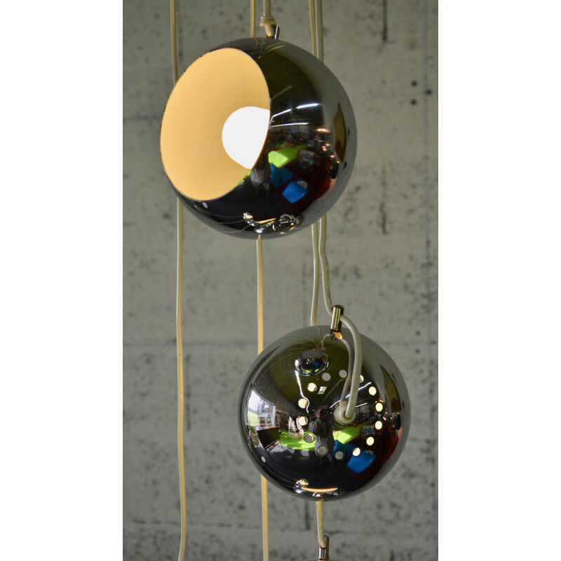 Vintage pendant light with 10 chromed metal globes shades - 1970s