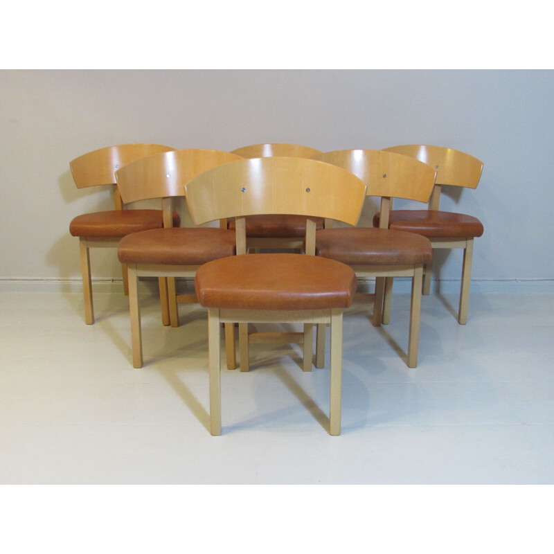 Set of 6 vintage dining chairs in leather and beechwood