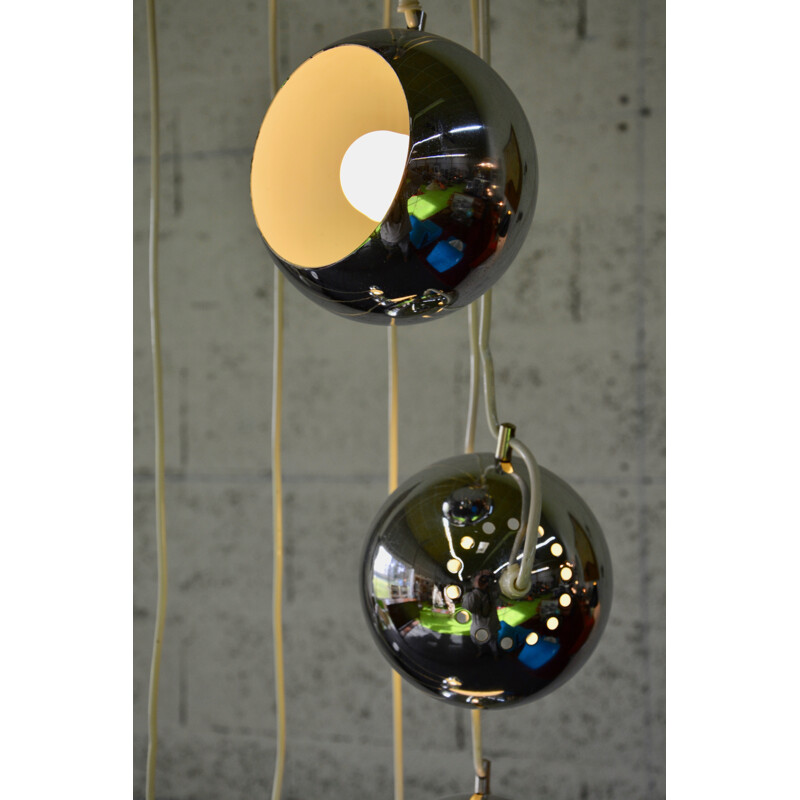 Vintage pendant light with 10 chromed metal globes shades - 1970s