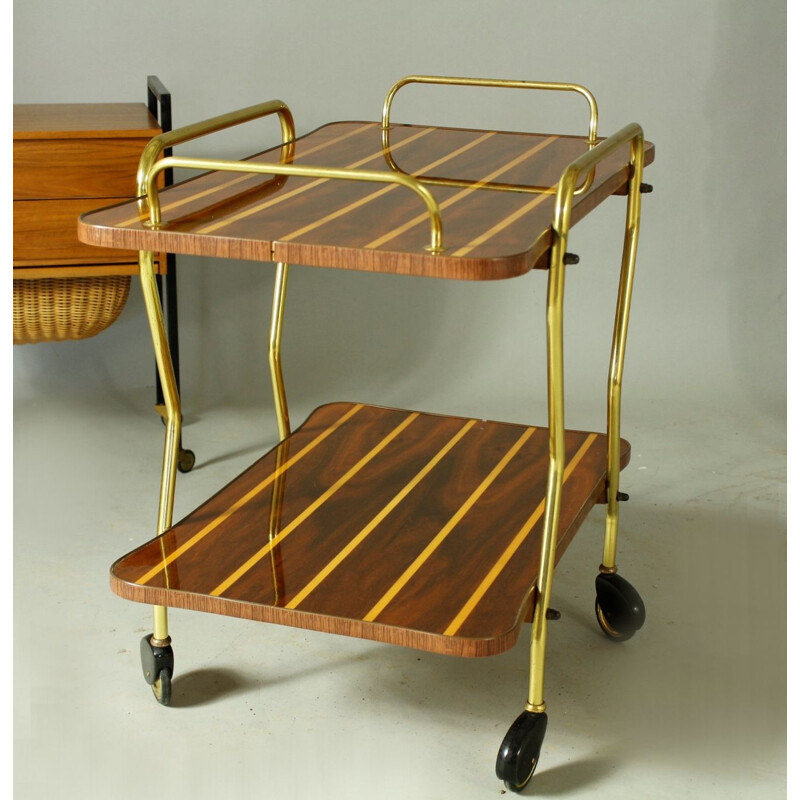 Vintage German brass and walnut drinks trolley, 1960s