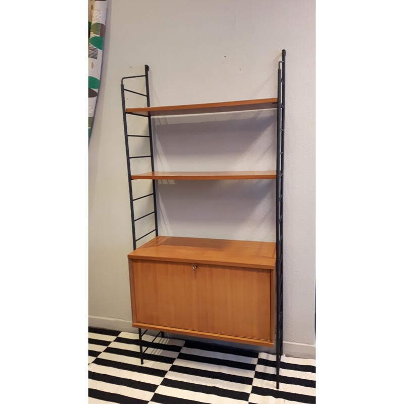 Shelving system in wood and black metal - 1950s