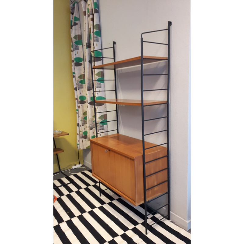 Shelving system in wood and black metal - 1950s