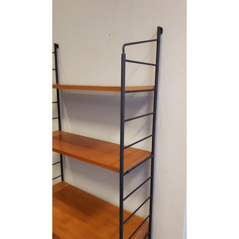 Shelving system in wood and black metal - 1950s