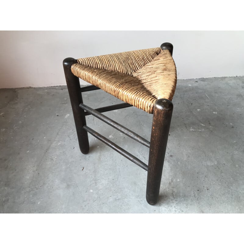 Tabouret tripode vintage en paille, 1960