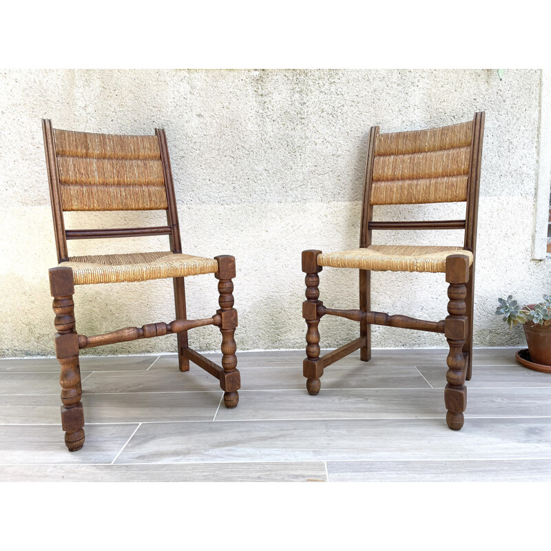 Pair of vintage chairs in solid oakwood and straw