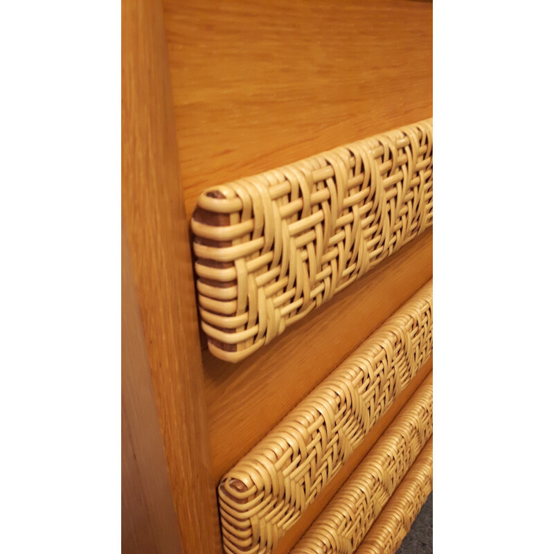 Large blue yellow cabinet in wood and rattan - 1960s