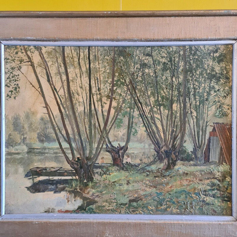 Vintage painting pasted on soft cardboard by Ardennes Rethel, France 1962
