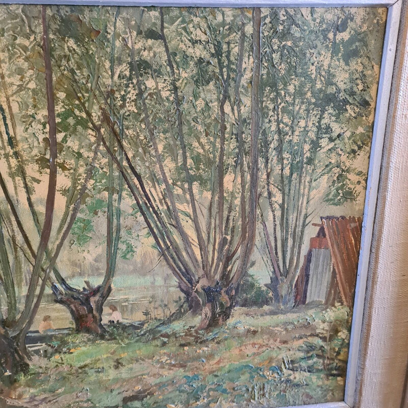 Pintura vintage pegada sobre cartón blando por Ardennes Rethel, Francia 1962