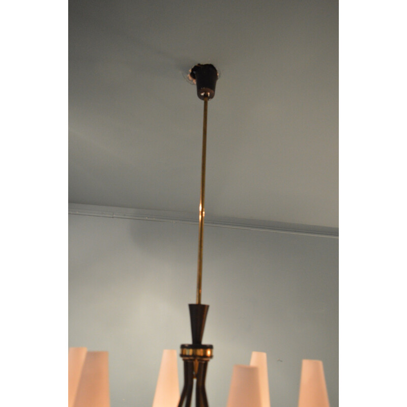 Italian chandelier in black lacquered metal and opaline - 1960s