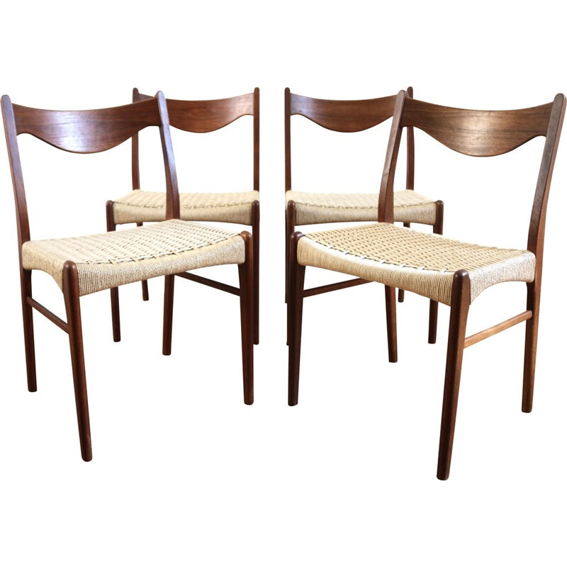 Set of 4 Scandinavian vintage teak and rope chairs by Arne Wahl Iversen for Glyngore Stolefabrik, 1960