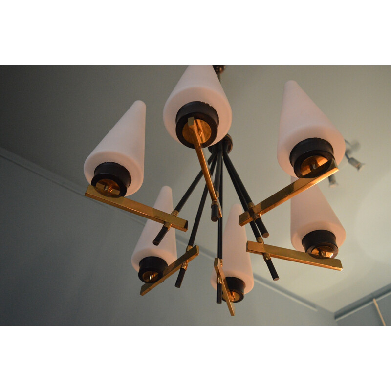 Italian chandelier in black lacquered metal and opaline - 1960s