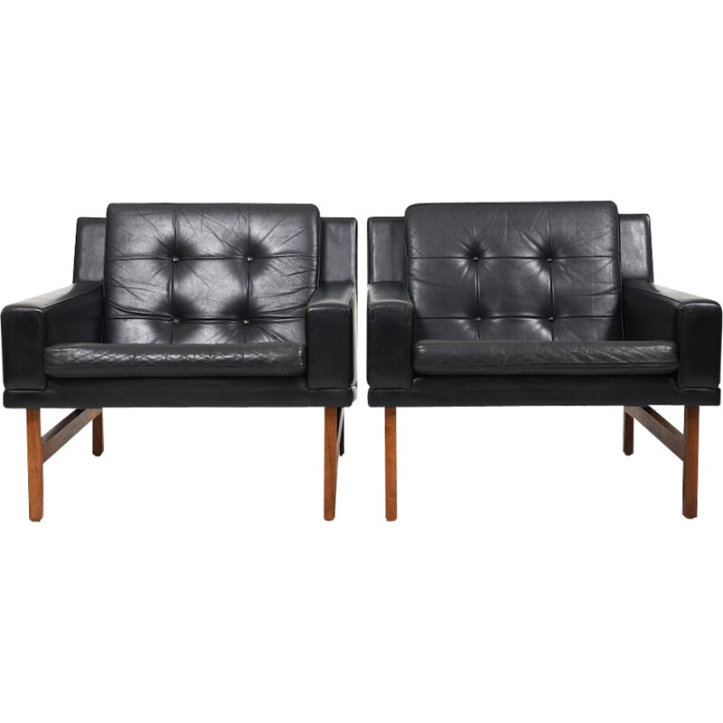 Danish vintage black leather living room set by Sven Ellekaer for Rolschau Møbler, 1960s