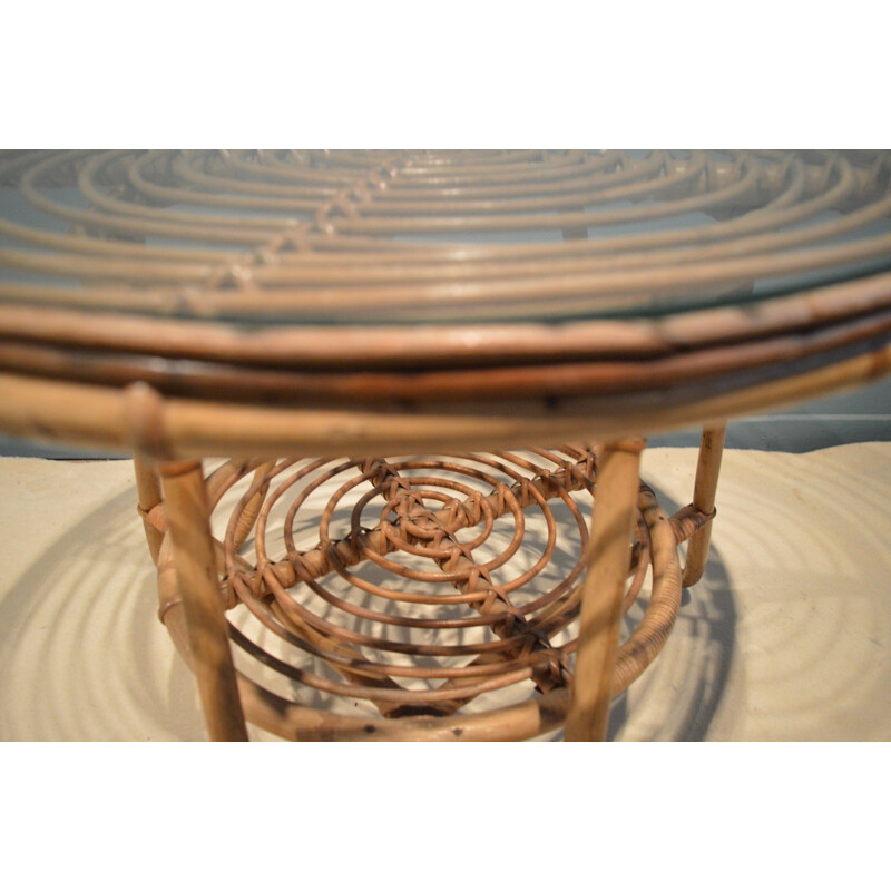French side table in rattan and glass - 1950s