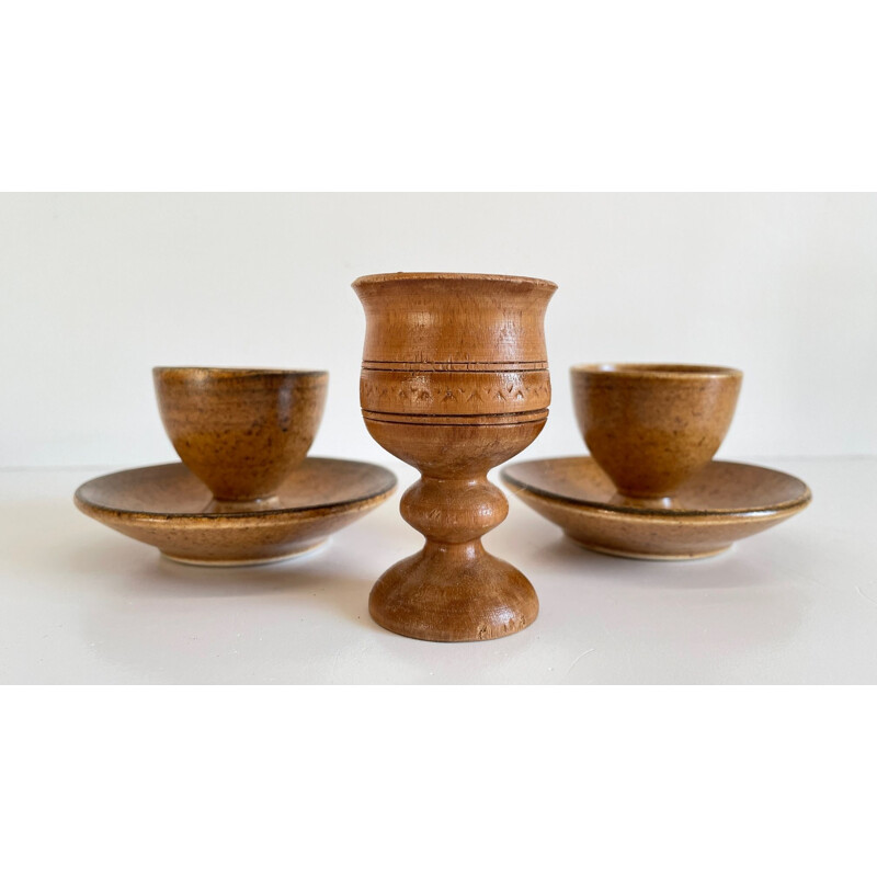 Set di 3 portauovo vintage in ceramica e legno