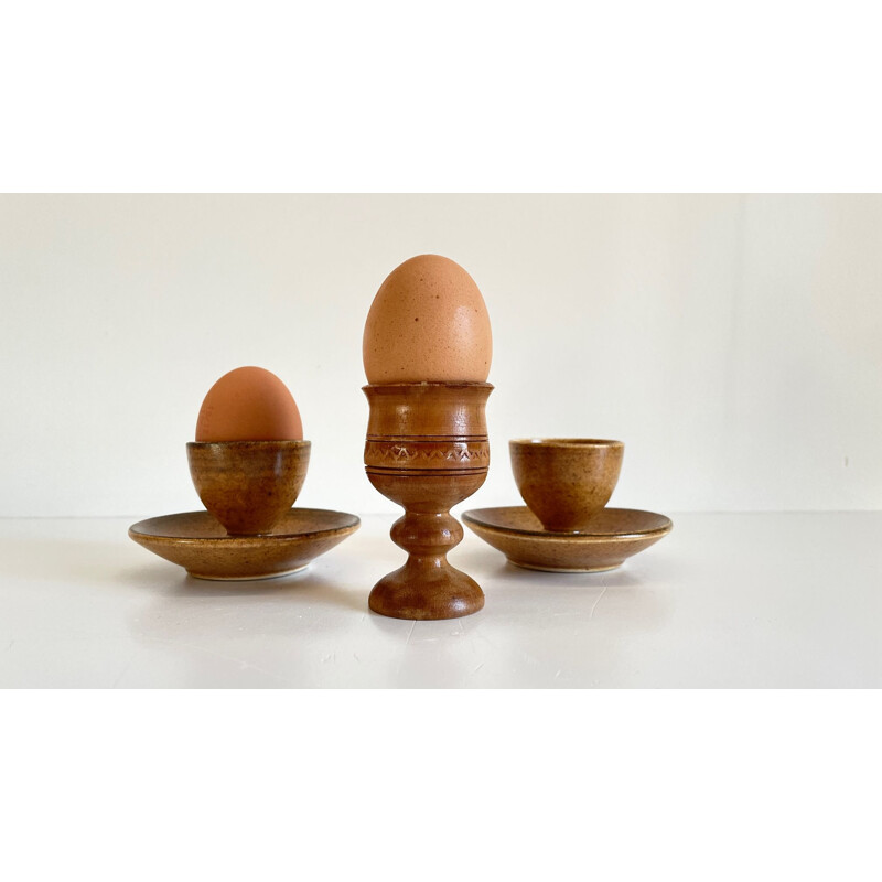 Set of 3 vintage ceramic and wood egg cups