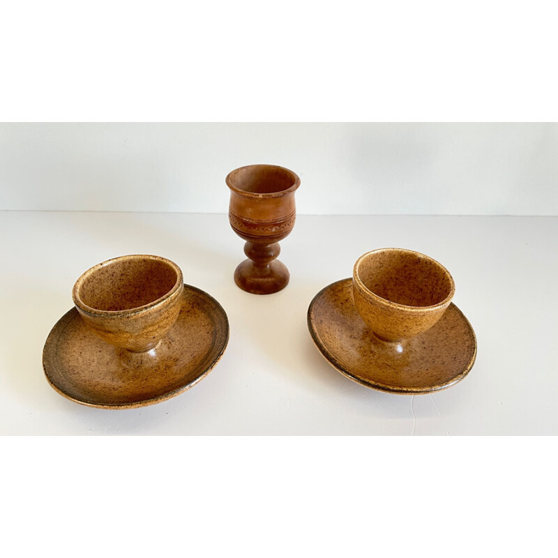 Set of 3 vintage ceramic and wood egg cups