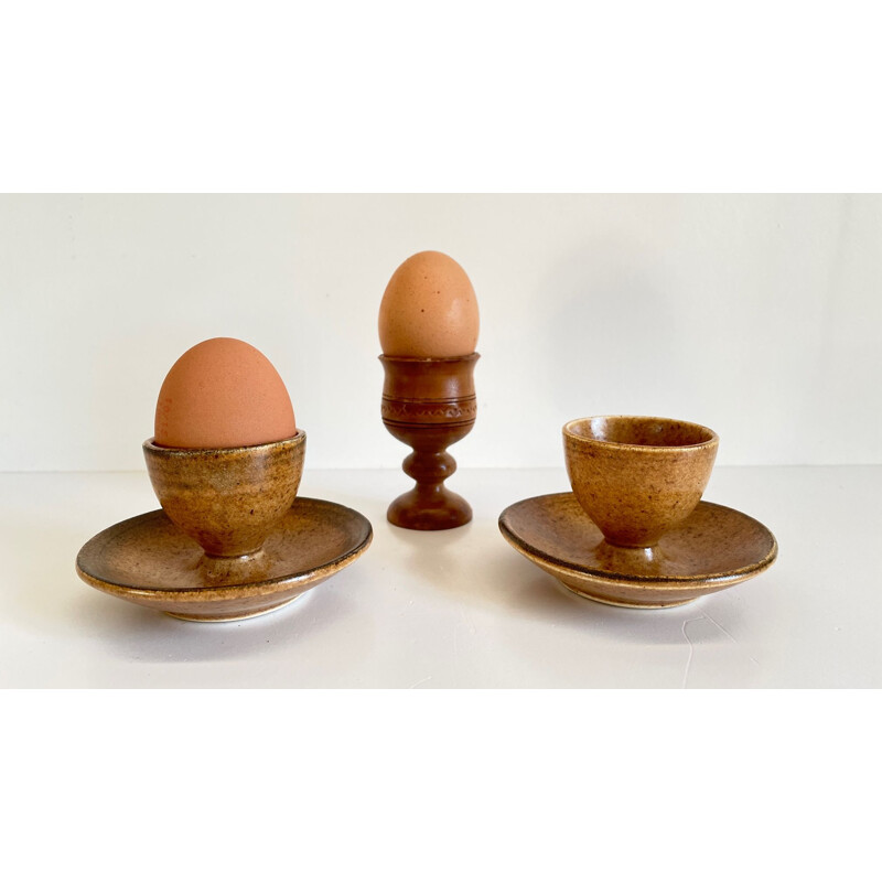 Set of 3 vintage ceramic and wood egg cups