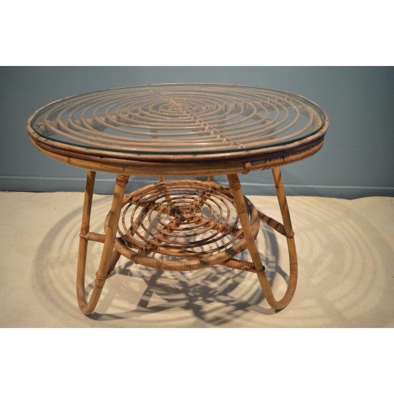 French side table in rattan and glass - 1950s