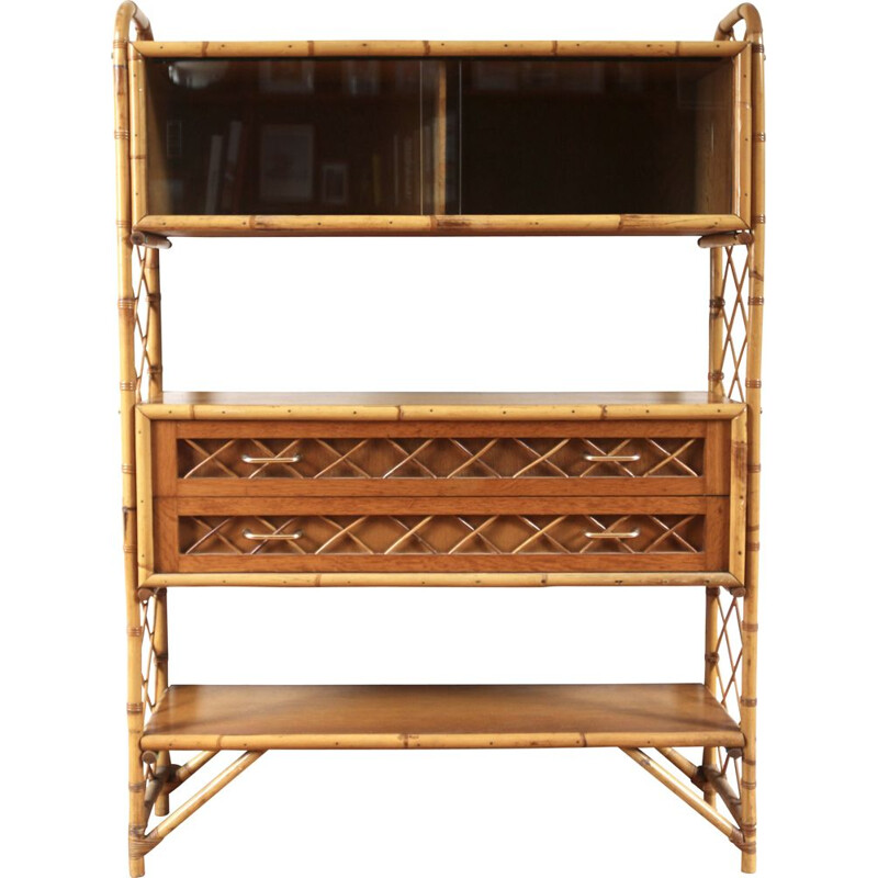 Vintage rattan bookcase by Louis Sognot, 1960