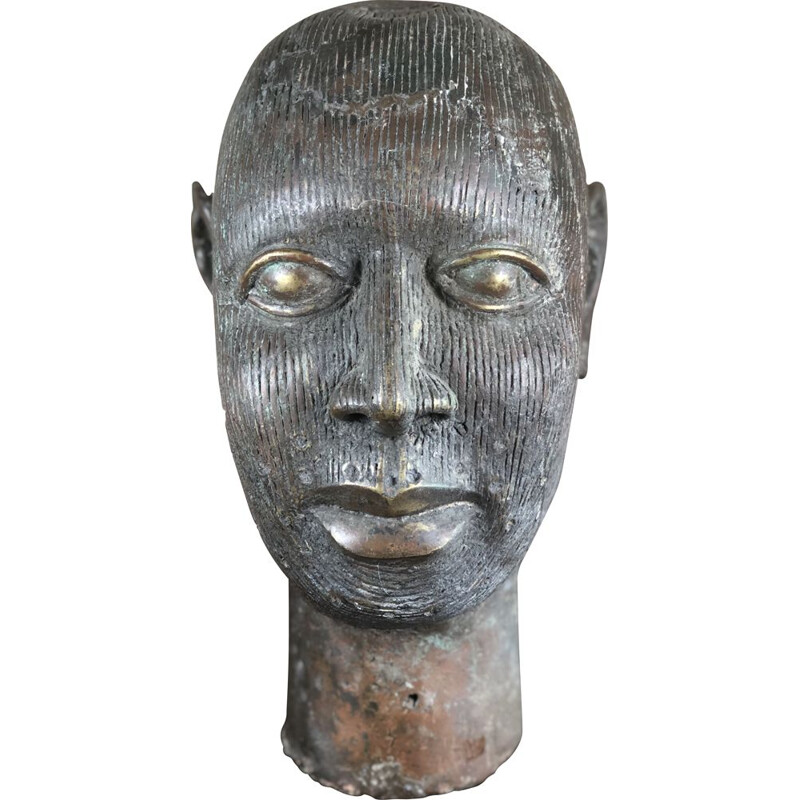 Vintage Oba head in patinated Ife bronze from Benin