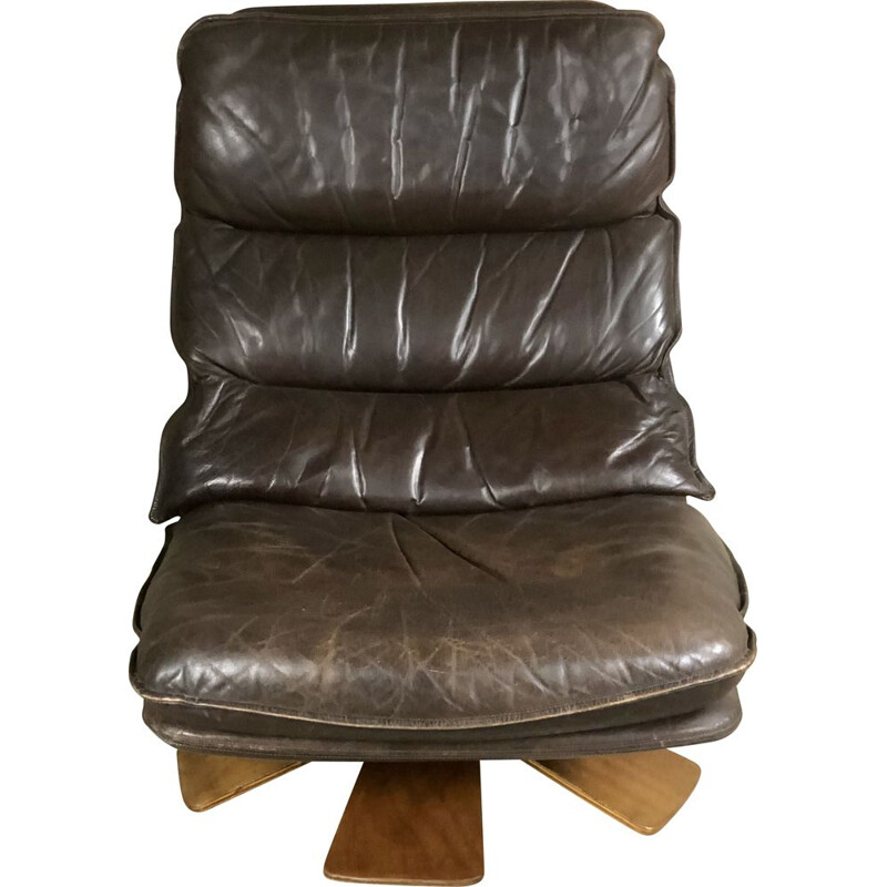 Vintage brown leather swivel armchair with palmette legs, 1970s