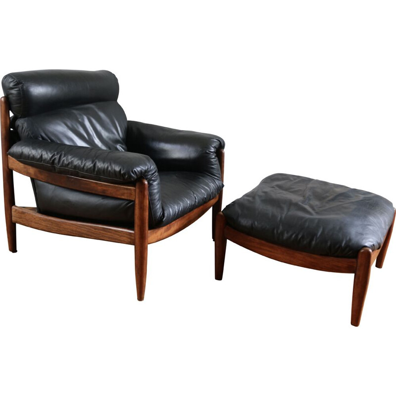 Sillón y otomana de cuero vintage escandinavo, 1960