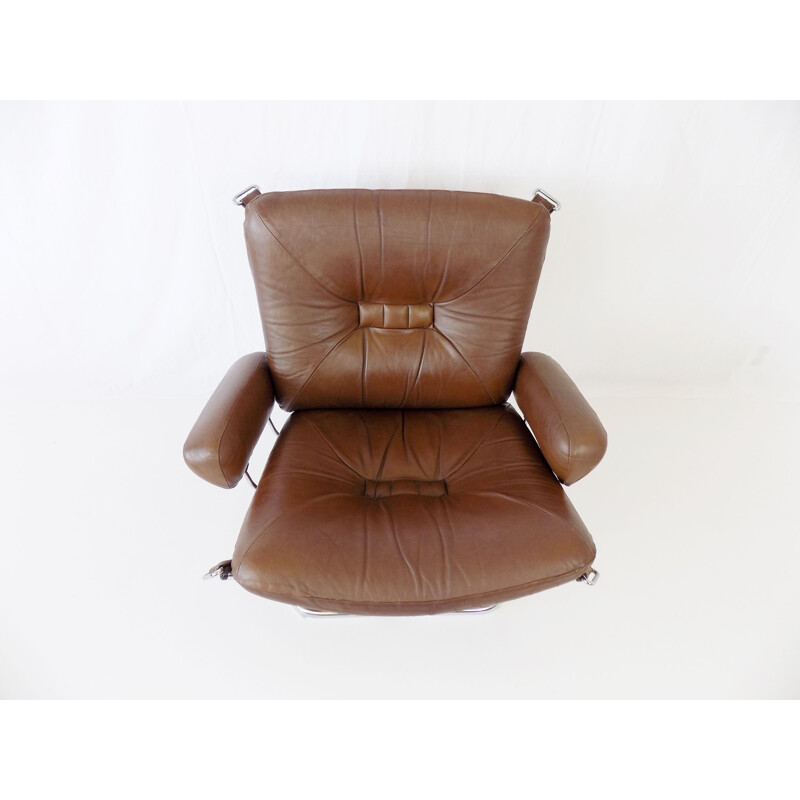 Vintage Westnofa Wingchair leather armchair with ottoman by Harald Relling