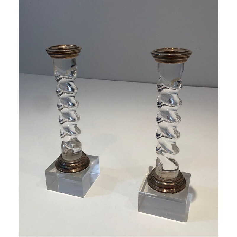 Pair of vintage twisted plexiglass and silver plated candlesticks, 1970