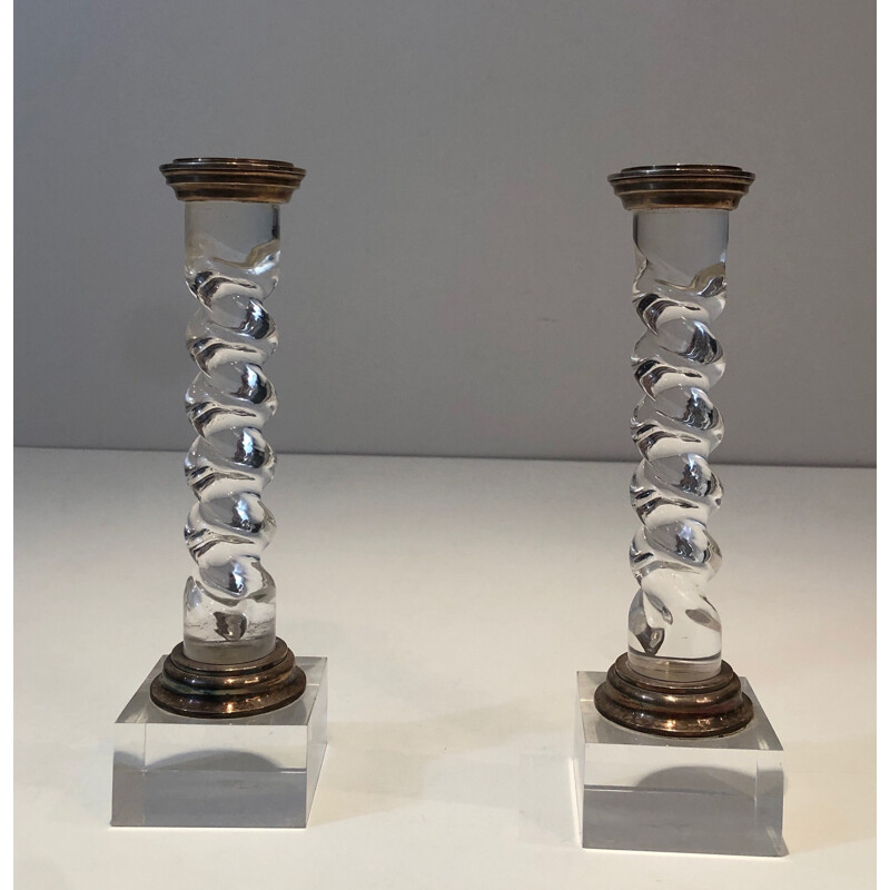 Pair of vintage twisted plexiglass and silver plated candlesticks, 1970