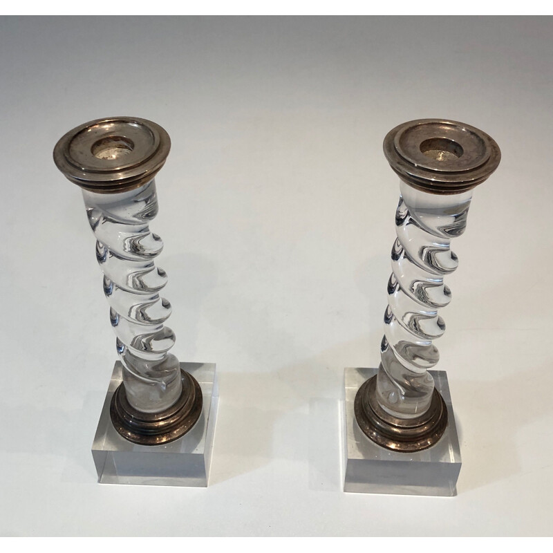 Pair of vintage twisted plexiglass and silver plated candlesticks, 1970