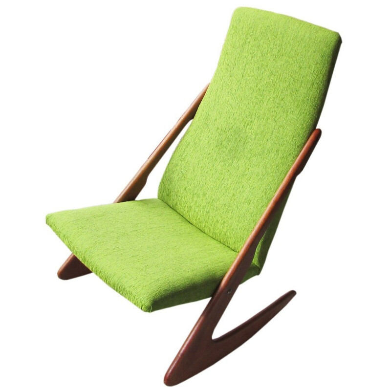 Rocking chair in solid teak and green fabric - 1960s
