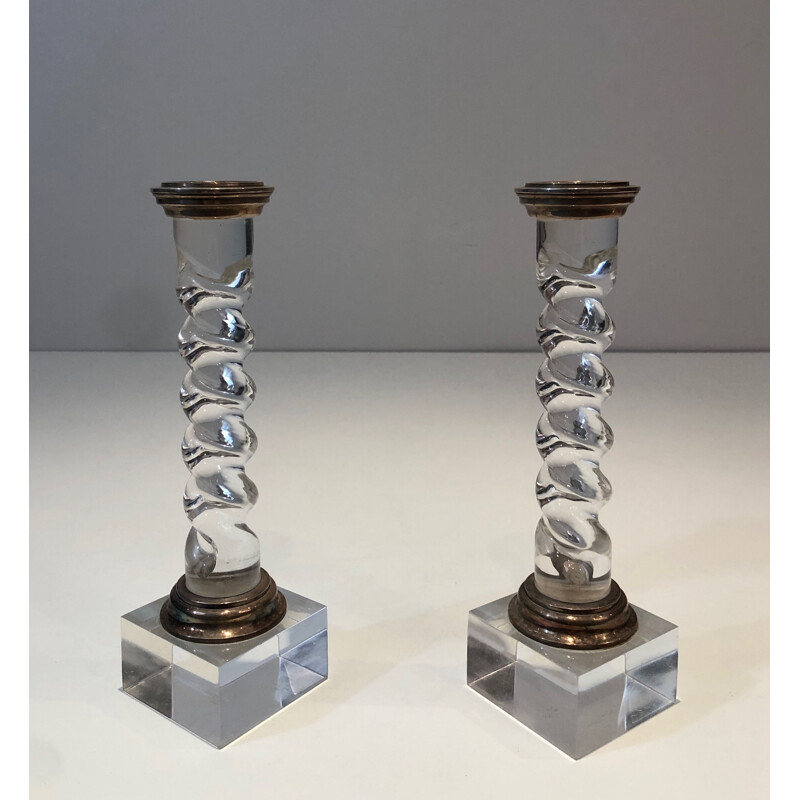 Pair of vintage twisted plexiglass and silver plated candlesticks, 1970