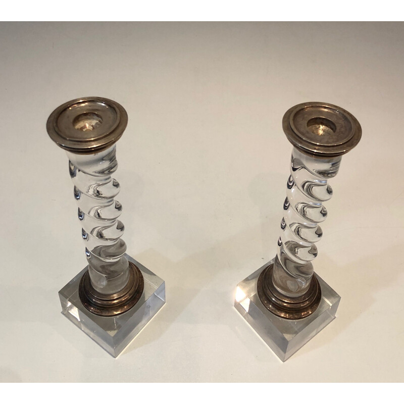 Pair of vintage twisted plexiglass and silver plated candlesticks, 1970