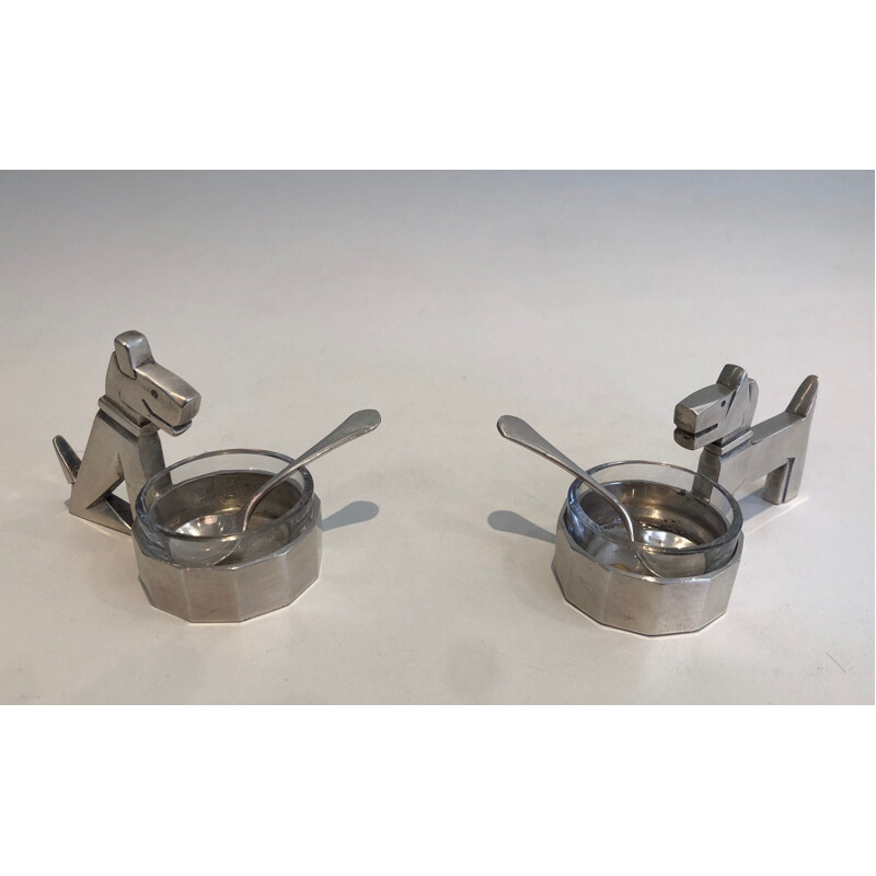 Vintage salt and pepper shakers for dogs, silver plated metal and crystal, 1930