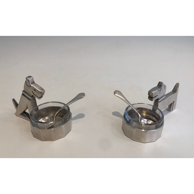 Vintage salt and pepper shakers for dogs, silver plated metal and crystal, 1930