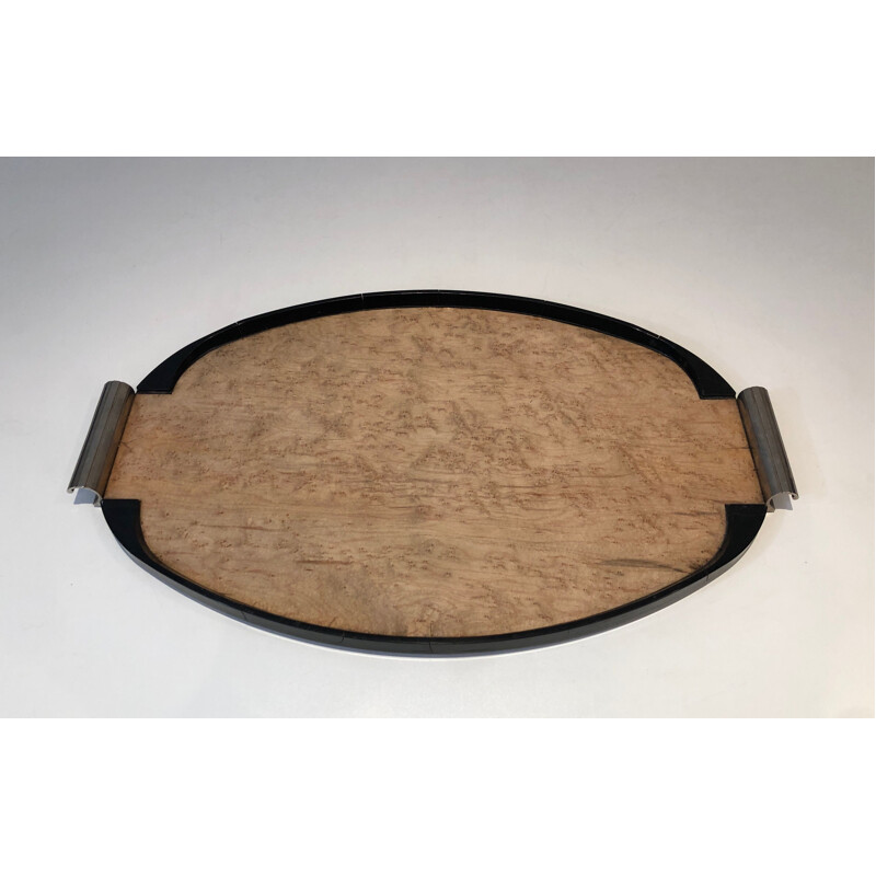 Vintage art deco tray in sycamore, ebonized wood and chromed metal, France 1930