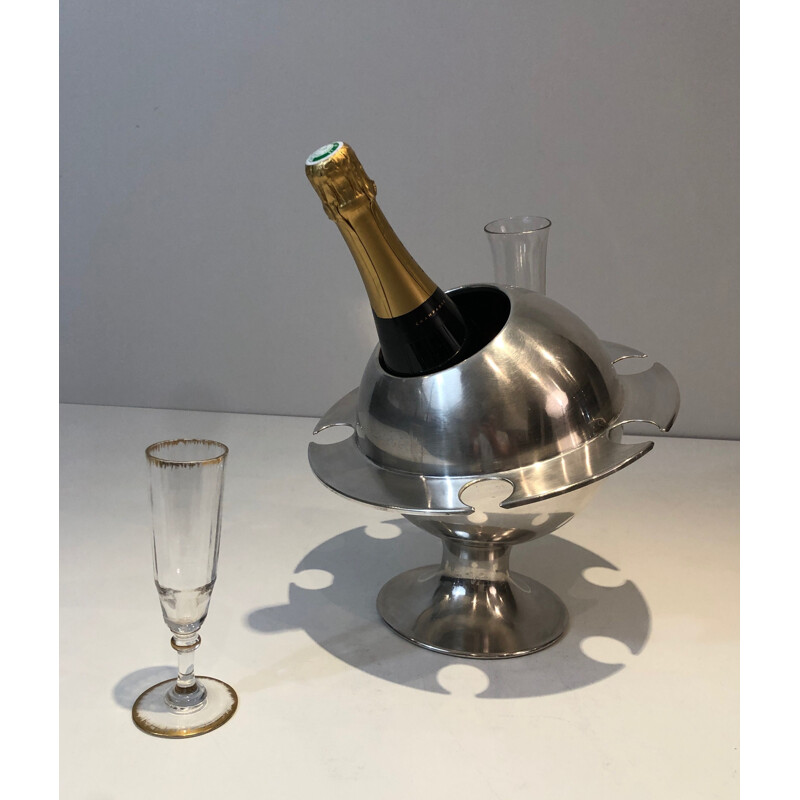 Vintage champagne bucket with silver plated flutes display, France 1970