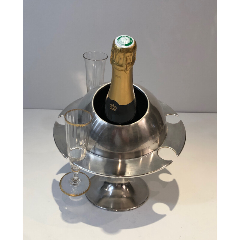 Vintage champagne bucket with silver plated flutes display, France 1970