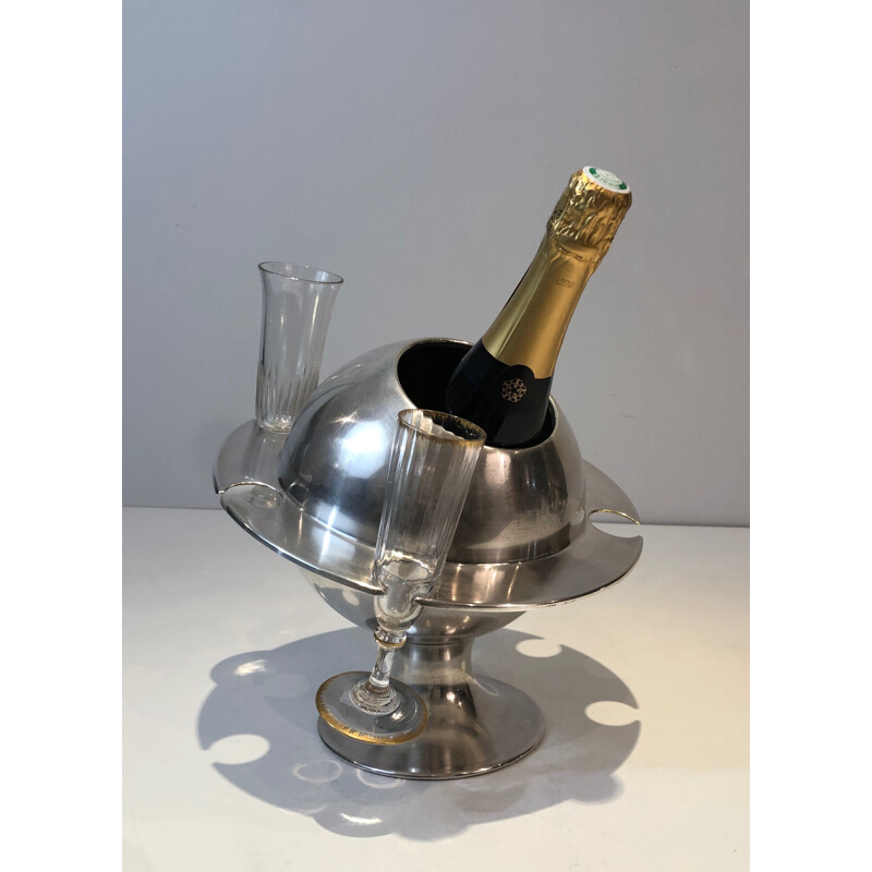 Vintage champagne bucket with silver plated flutes display, France 1970