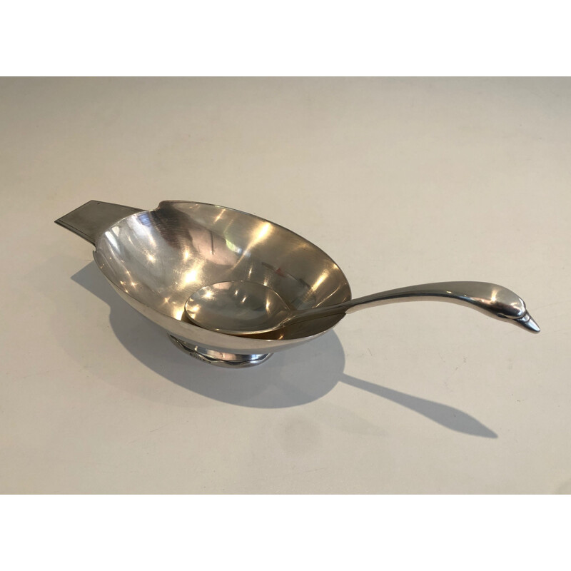 Vintage silver plated swan-shaped gravy boat by Christian Fjerdingstadt for Gallia, France 1930