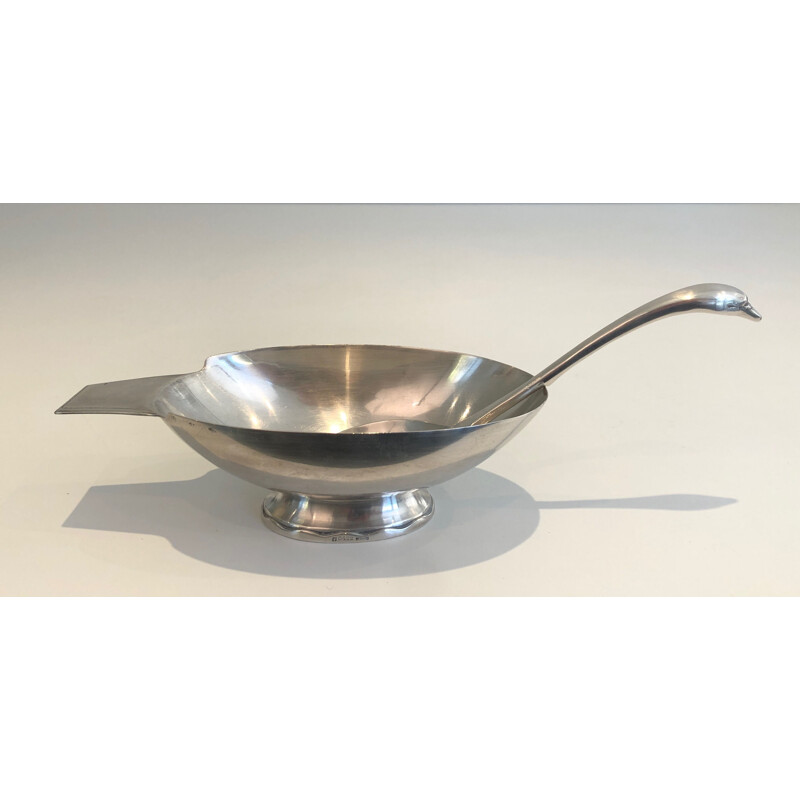 Vintage silver plated swan-shaped gravy boat by Christian Fjerdingstadt for Gallia, France 1930