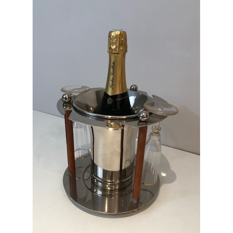 Vintage silver plated metal and leather champagne bucket with flutes display, France 1970