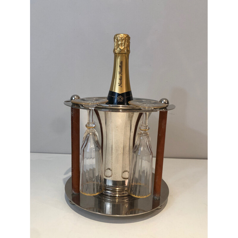 Vintage verzilverde metalen en lederen champagne-emmer met fluitdisplay, Frankrijk 1970